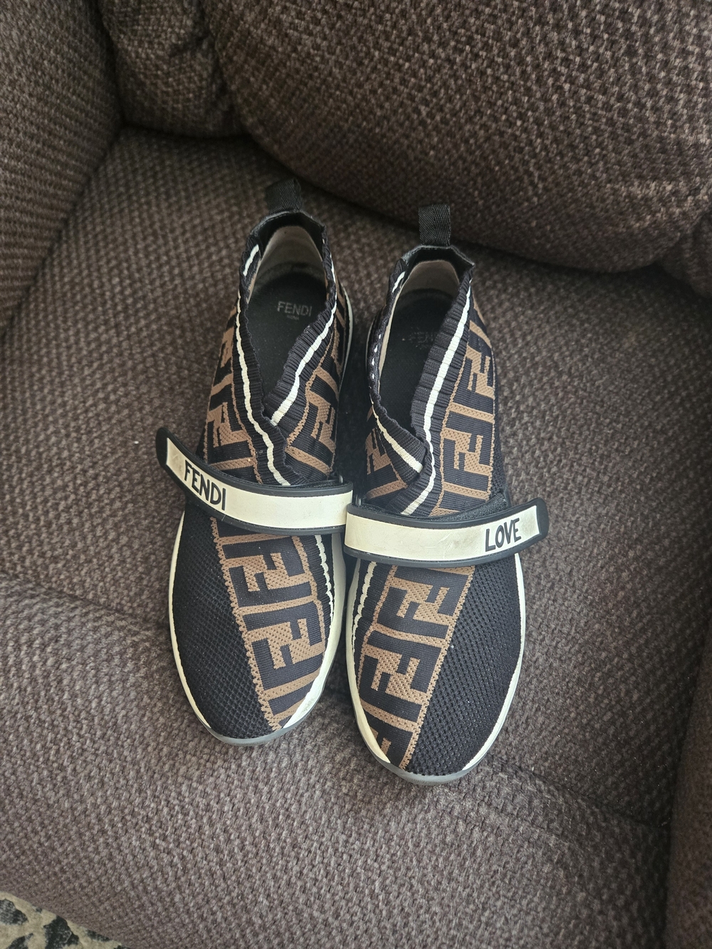 Fendi Brown & Black FF Logo Slip-On Sneakers with Branded Strap